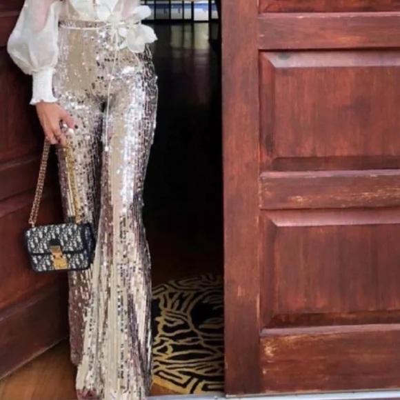 Silver sequin sparkly pant palazzo bell bottom NWT - Picture 2 of 3